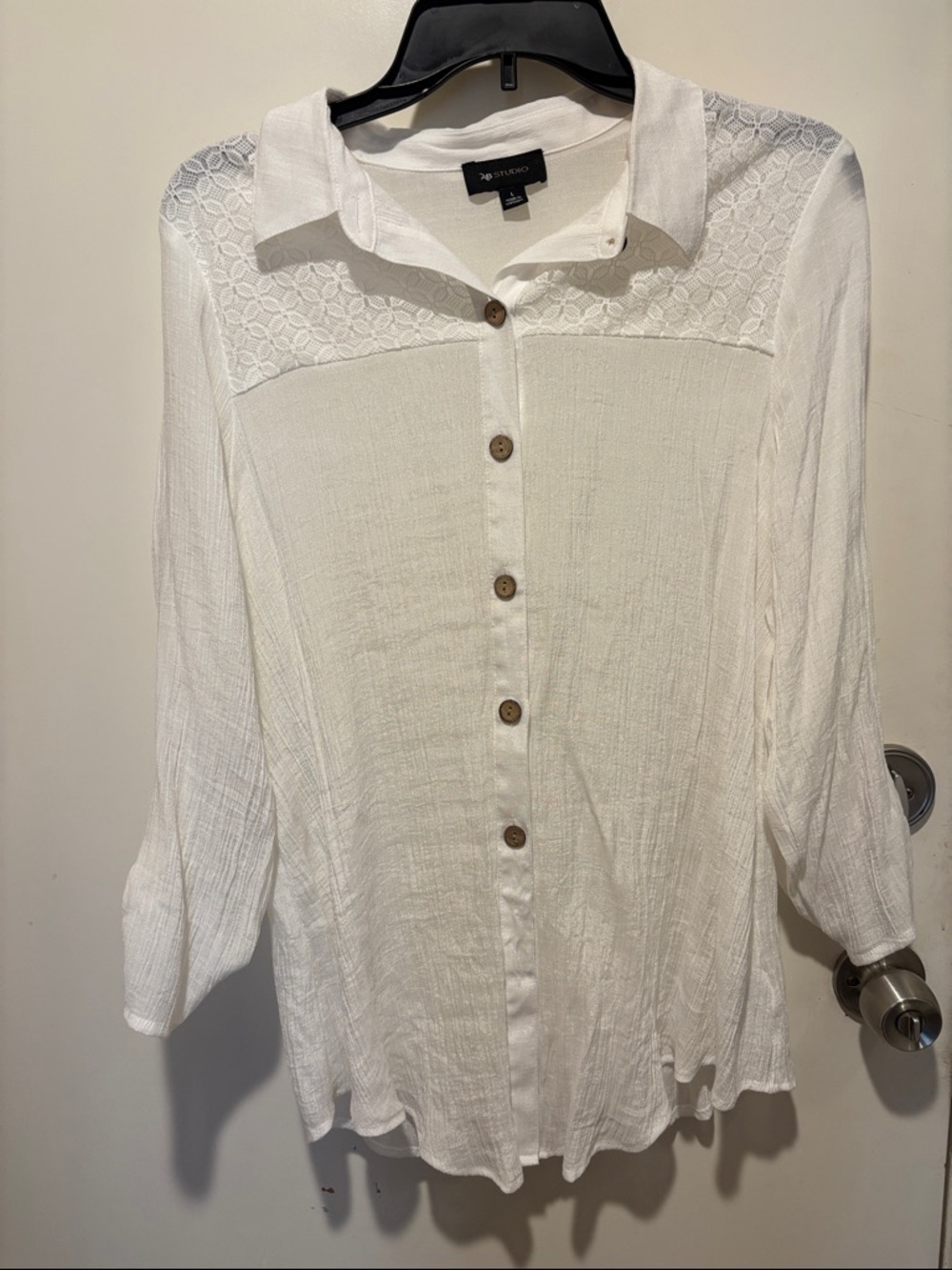 AB Studio White Lace Yoke Button-Front Top